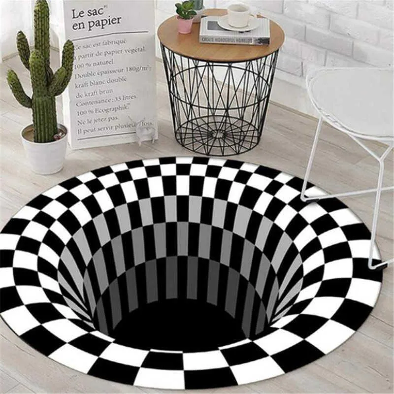 Bedroom Rugs Black White Grid Printing 3D Illusion Vortex Bottomless Hole Carpets For living room Home Decoration Rugs 210727