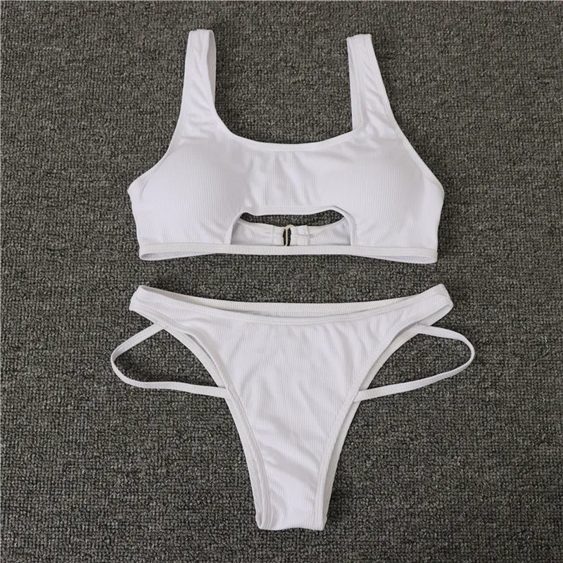 Peachtan Solid White Bikini Tvådelad kostym Högskuren badkläder Kvinnor Sexig ihålig baddräkt Kvinna Push Up Bathing Suit New 210305