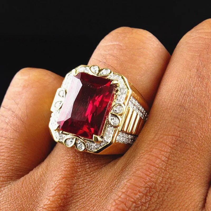 Big Square Red Crystal Ruby Zircon Diamond Gemstones Rings for Men Women 18k Gold Color Bague Jewelry Trendy Party Accessories3304760