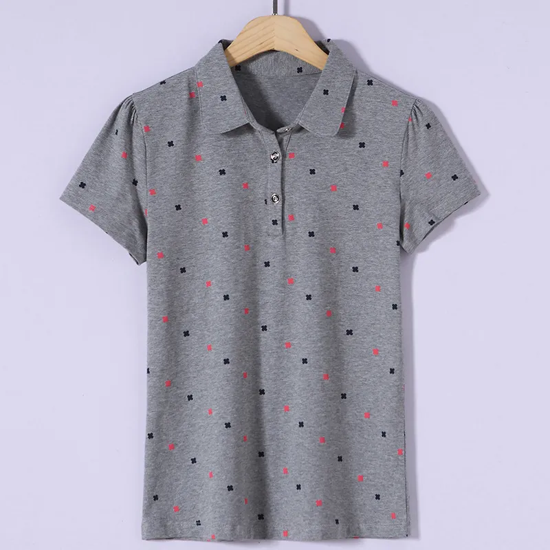 2019 novo t-shirt de manga curta feminino impressão de lapela selvagem camisa de lapela casual camisa de lapela preto 210306