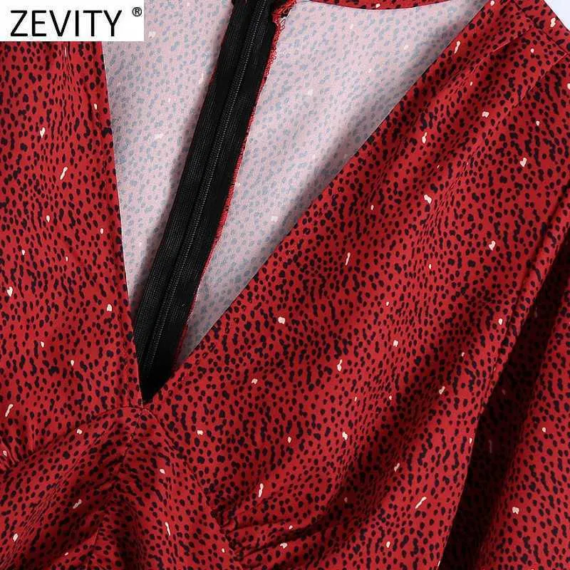 Zevity Mujeres Sexy Cuello en V Profundo Estampado de leopardo Plisado Rojo Mini Vestido Mujer Puff Manga Volver Cremallera Casual Delgado Vestido DS4631 210603