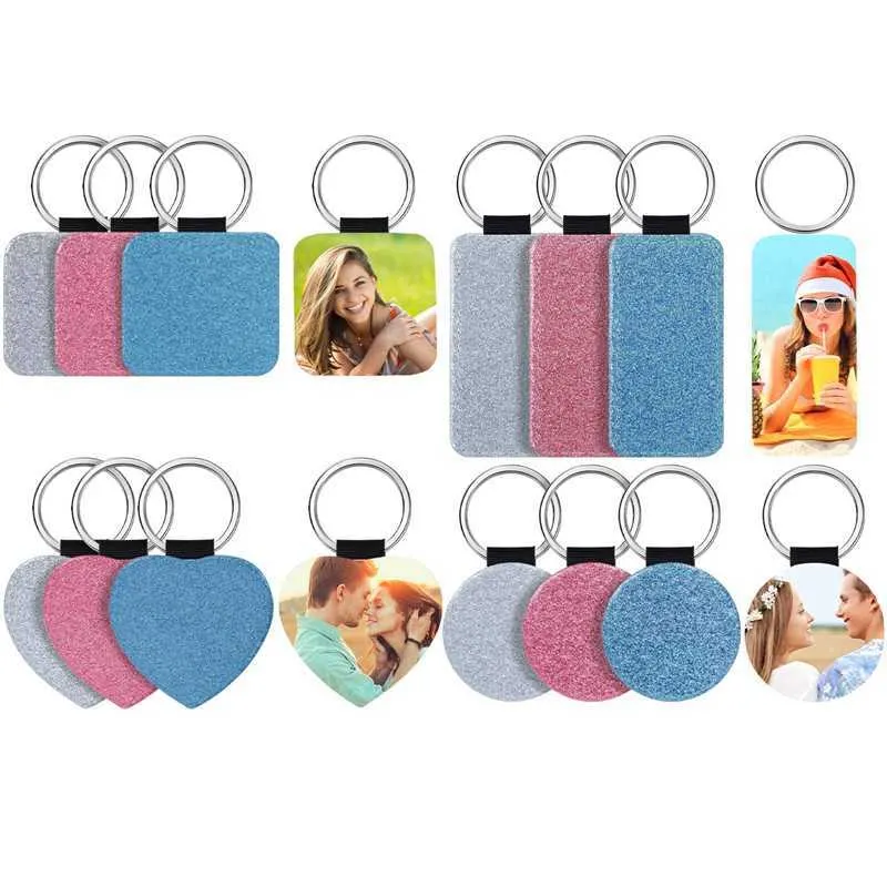 12 Pack 3 Färger Sublimering Blanketter Keychain 4 Typer Glitter PU Läder Keychain DIY Värmeöverföring nyckelring H0915