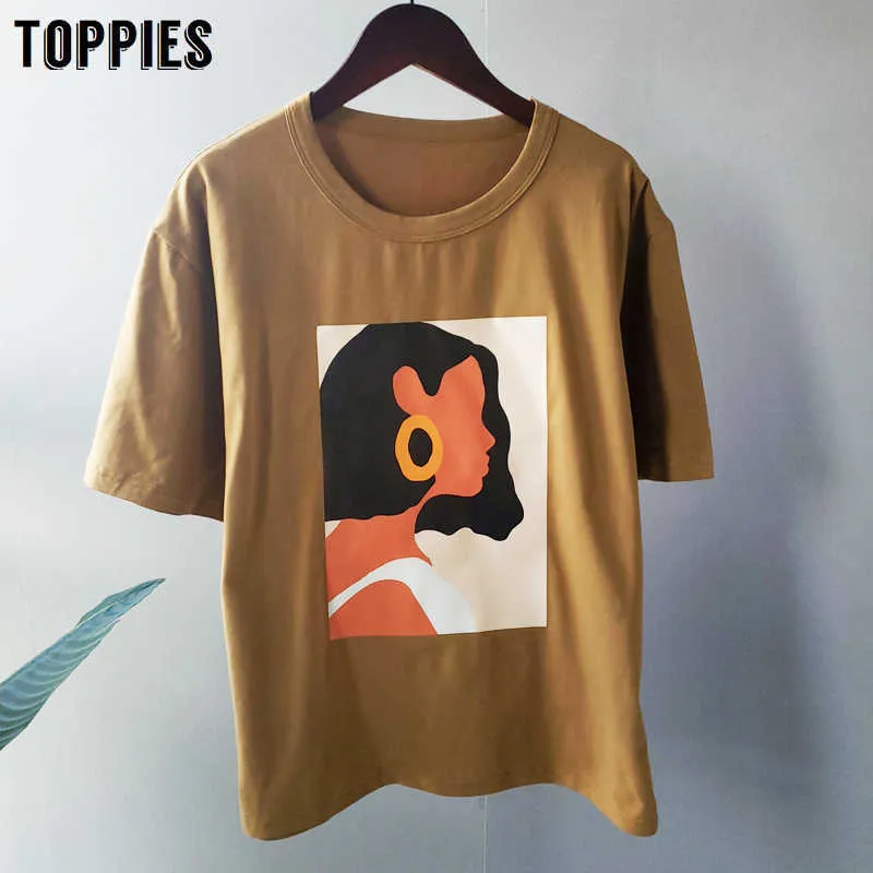 Toppies Sommercharakter T-Shirts Mode Girls Tops Kurzarm Drucken koreanische Frauen Kleidung 95% Baumwolle 210623