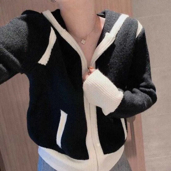 Sweaters Women Autumn Long Sleeve Contrast Hooded Zipper Cardigans Casual Retro Knitted Tops Pull Femme Gilet Sueters Coat 210610