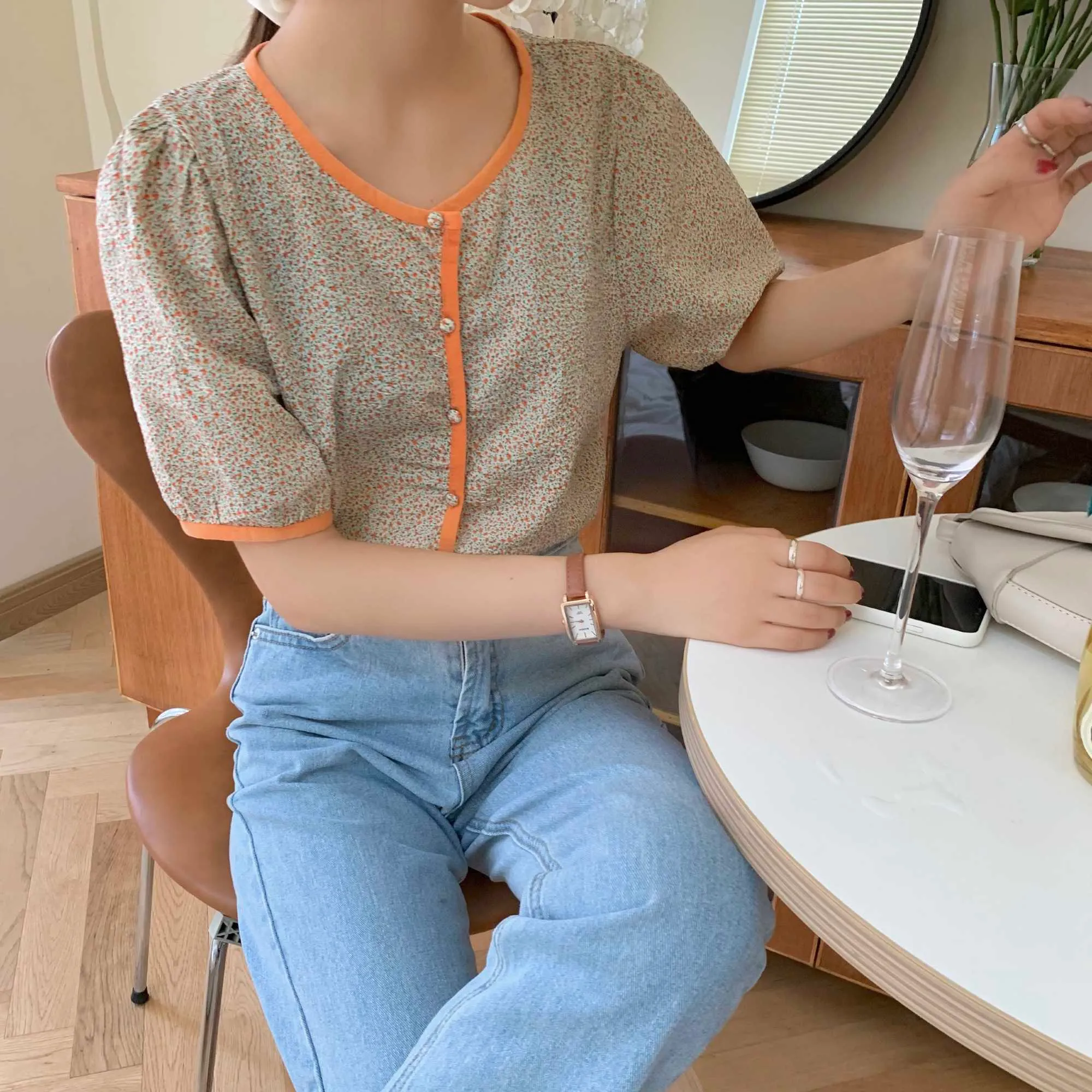 Florals All Match Slim Vintage Printed Shirts Cardigans Elegance Sweet Gentle Summer Chic Office Lady Blouses Tops 210525