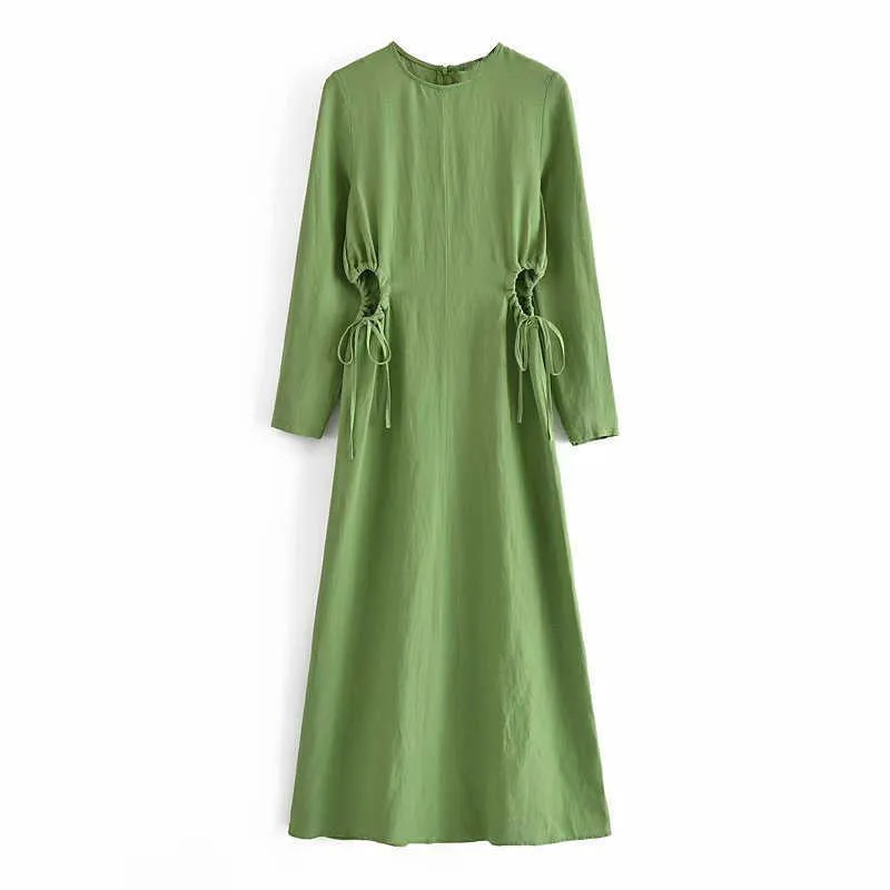 Za Green Cut Out Langes Sommerkleid Damen Chic Verstellbare Krawatte Vintage Kleider Feminin O-Ausschnitt Seitenschlitze Leinen Gerafftes Kleid 210602