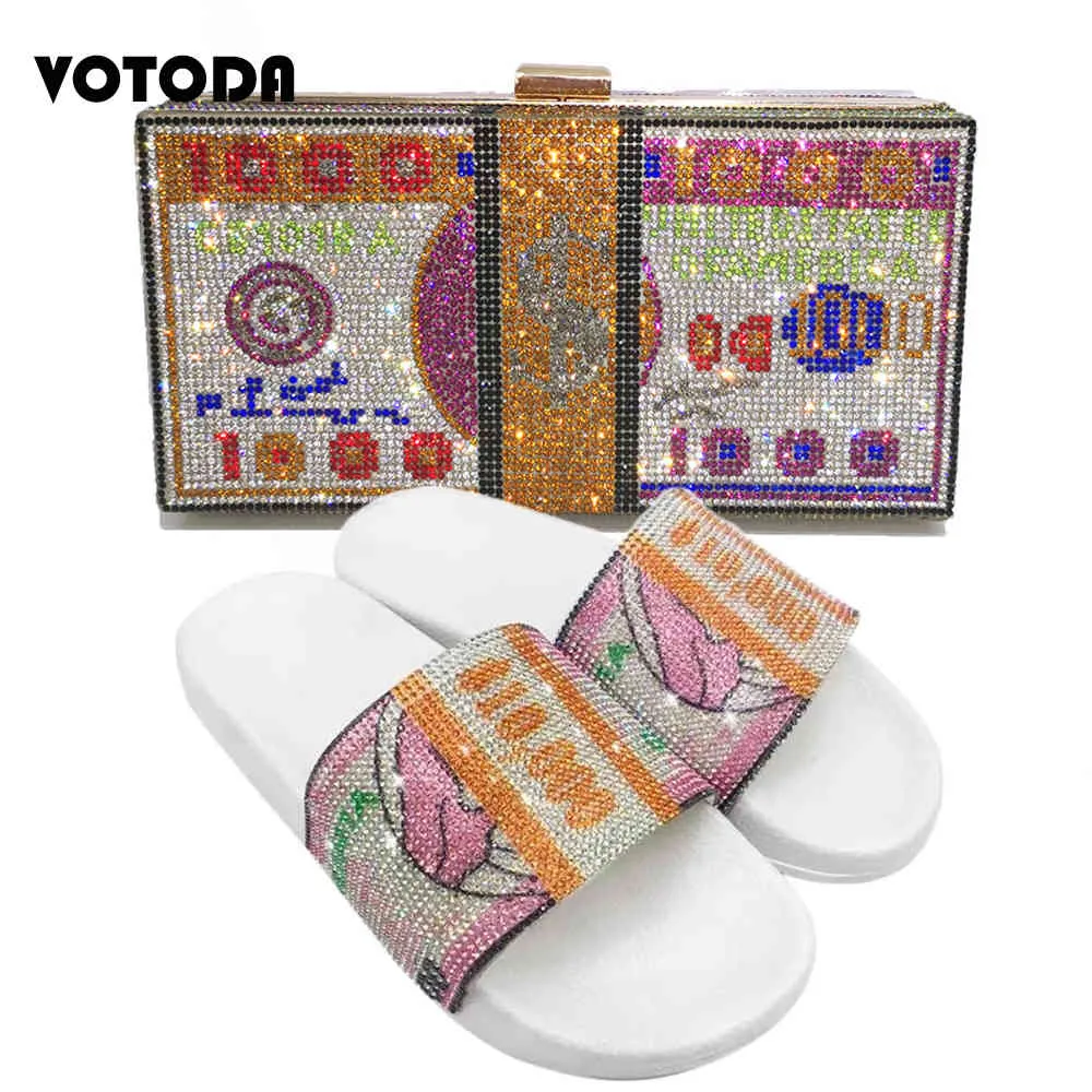 Summer Women Shoe Bag Set Bling Rhinestone Slippers Beach Sandals Slides Luxury Bling Dollar Dinner Bag Ladies USD Purse Handbag 922