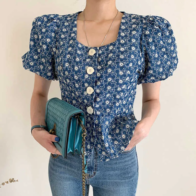 KOREJPAA Mulheres Blusas Coréia Chique Retro Elegante Quadrado Collar Curto Single-Breasted Bubble Sleeve Camisa Top 210526