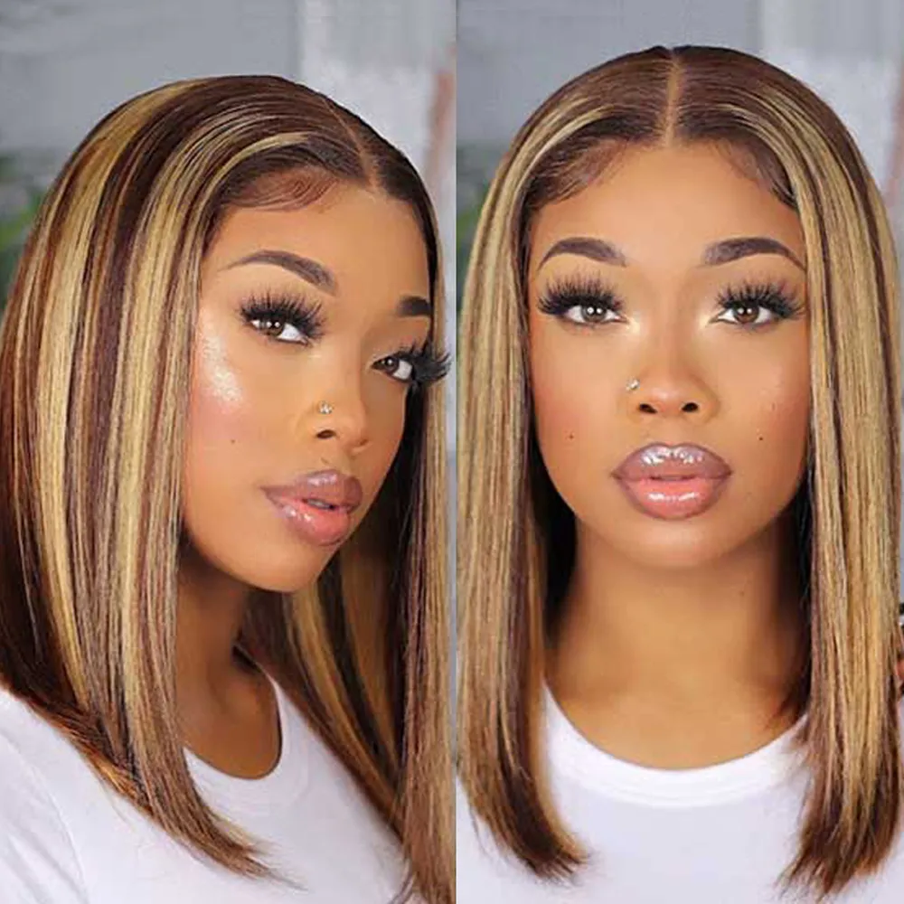 Den nya blondinen höjdpunkt Bob Wigs Human Hair 150% Remy Pre Plucked Brasilian P4/27 Ombre spetsstängning Wig 4x1 T DEL Kort bob mänsklig hår peruk för svarta kvinnor