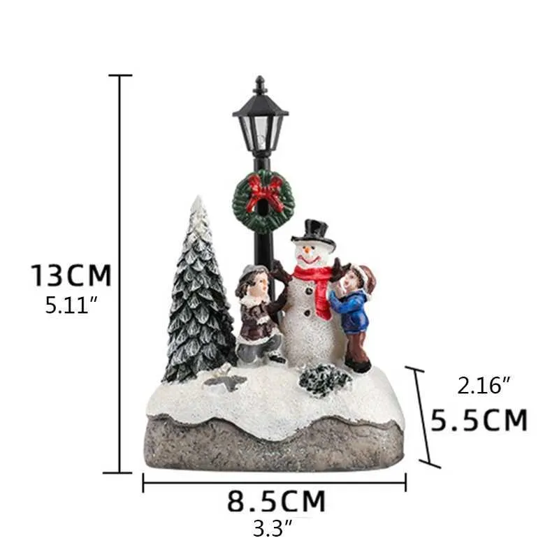 Christmas Village Scene Xmas Tree Snowman Resin Ornament with LED Light Animated Street Lamp Miniature Statue Decoration 211015