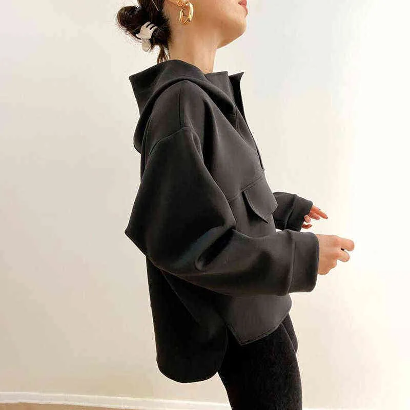 Instahot Mode Kvinnor Hoodies Oversize Asymmetric Hem Solid Svart Vit Höst Sweatshirt Loose Streetwear Hooded Pullover Toppar Y1118