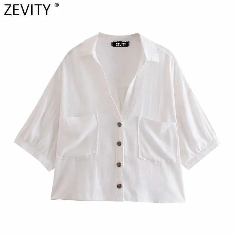 Zevity Femmes Vintage Poches Patch Casual Court Smock Blouse Lâche Kimono Chemise Dames Lin Roupas Femininas Blusas Tops LS9260 210603