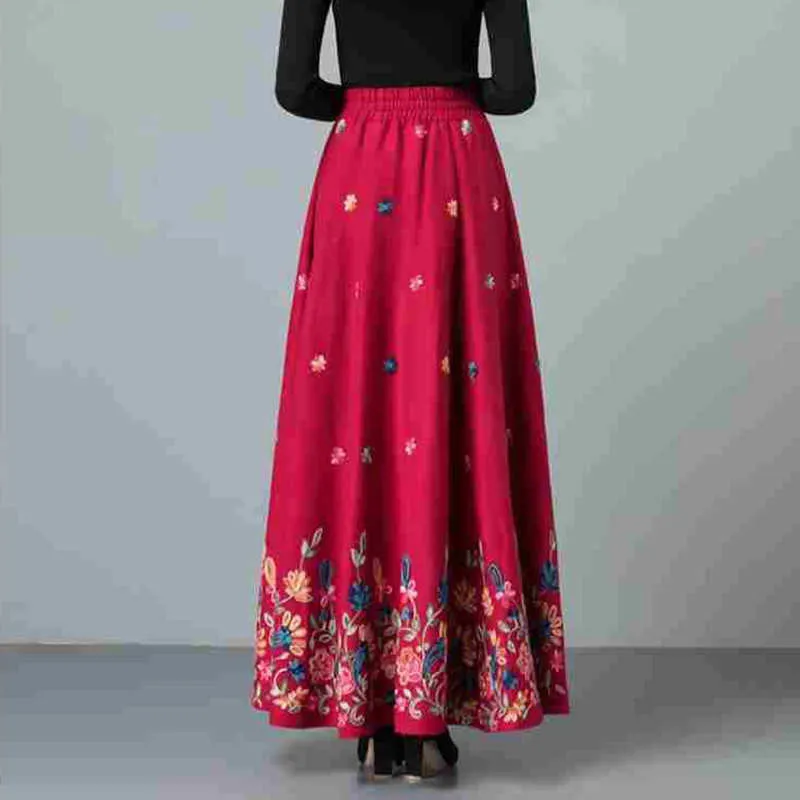 Mom elegant Embroidered Maxi pleated skirt Women Plus Size Winter Warm Woolen Long Skirt Lady High Waist Casual Wool Office saia 210629