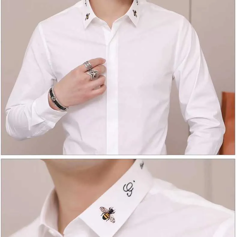 Camisas de bordado de abelha de decote para homens de alta qualidade vestido de negócios camisas slim cabe manga longa camisa casual blusa de festa social 210527