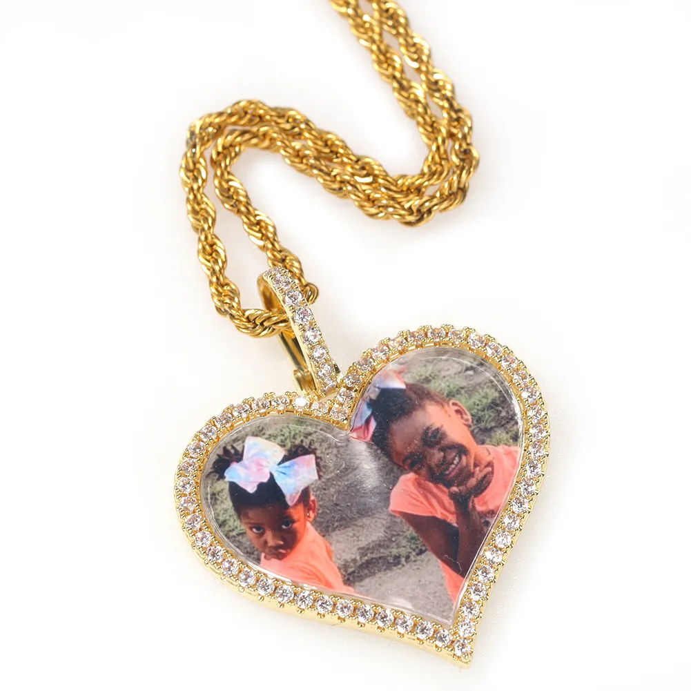 Photos personnalisées collier mode plaqué or mémoire glacé coeur pendentif colliers hommes Hip Hop bijoux