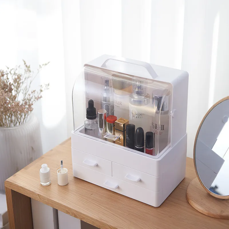 Caja de cosméticos de maquillaje a prueba de agua portátil Cubierta de polvo Organizador de joyas Cajones Almacenamiento de plástico Transparente Drawe Y200628