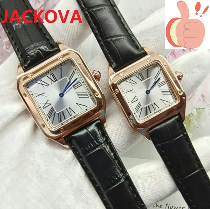 جودة المصنع Montre de Luxe Square Roman Number Quartz Watches Red Pink Leather Men Women Wather Classic Wristwatches RE274P