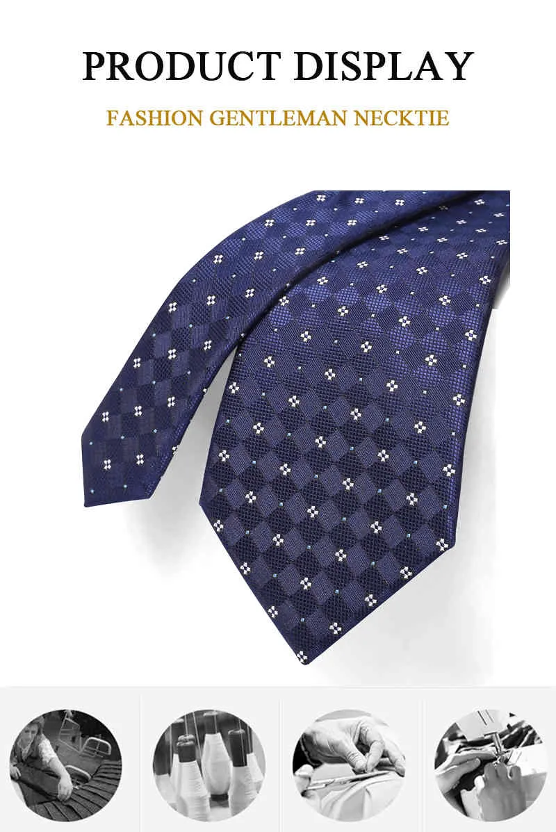 8 см роскошная клетчатая клетчатая галстук для мужчин дизайнер бренда свадьба бизнес мода платье костюм шелковый полиэстер темно-синий галстук с подарочной коробкой