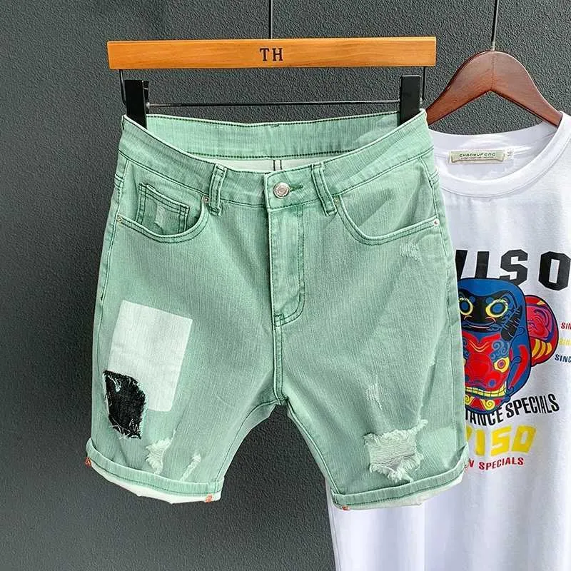 Hombres Gris Ripped Denim Shorts Agujeros de verano Jeans negros Alta calidad Algodón suave Estiramiento Jean Longitud de la rodilla 210806