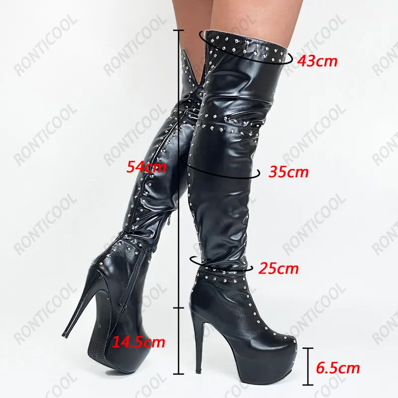 Rontic Neue Ankunft Frauen Winter Overknee Stiefel Kunstleder Stiletto Heels Runde Kappe Schwarz Nachtclub Schuhe Uns Größe 4-16