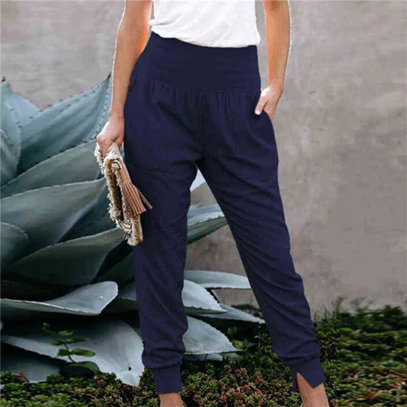 Taille haute de couleur unie avec pantalon à ourlet fendu Automne et hiver Taille Casual Pantalon ample Harem 211115