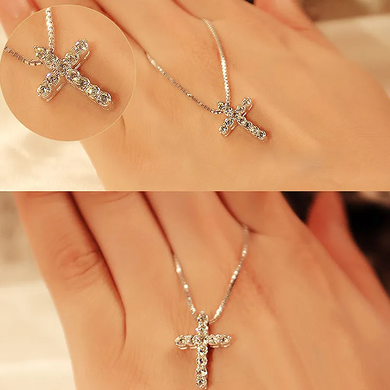 100% 925 Silver Cross Crystal Pendants Halsband 5A Zirkonia Halsband Lover Choker Jewelry Gift for Women Girl DZ005279O