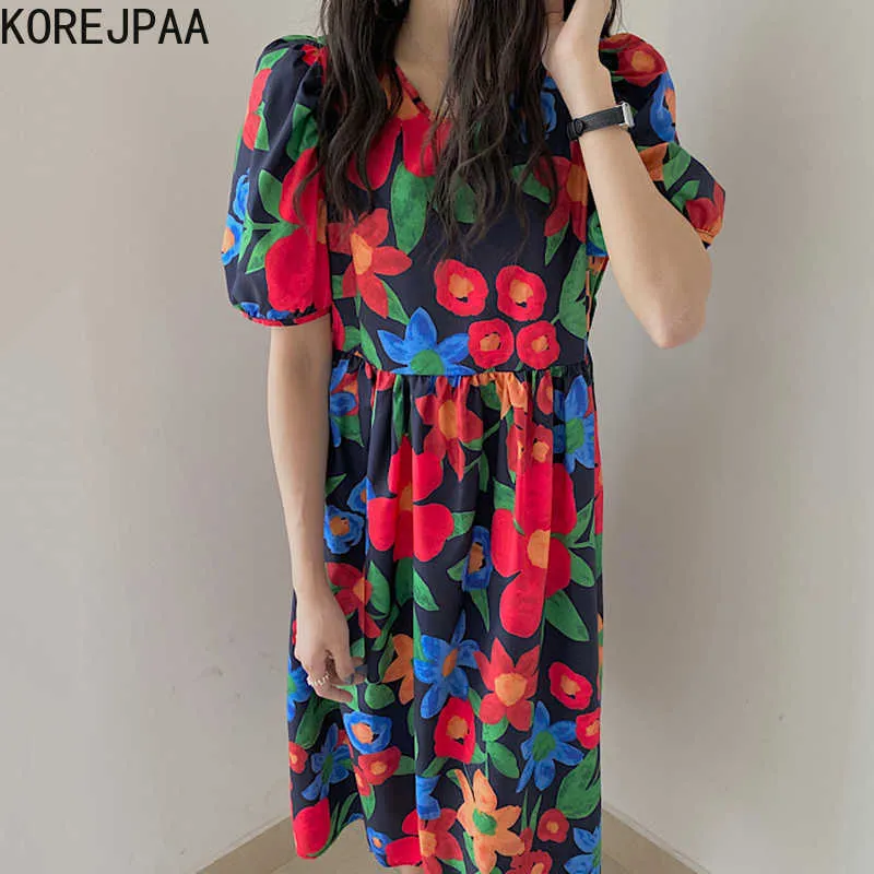 Korejpaa Kobiety Sukienka Korea Chic Słodki Romantyczny Sezon Okrągły Kołnierz Duży Kwiat Luźny Ruffled Bubble Rękaw Długie Vestido 210526