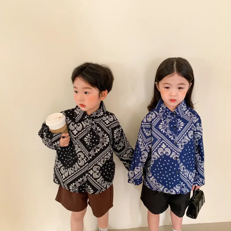 Spring kids retro style fashion floral shirts Unisex cotton casual long sleeve shirt Tops 210306