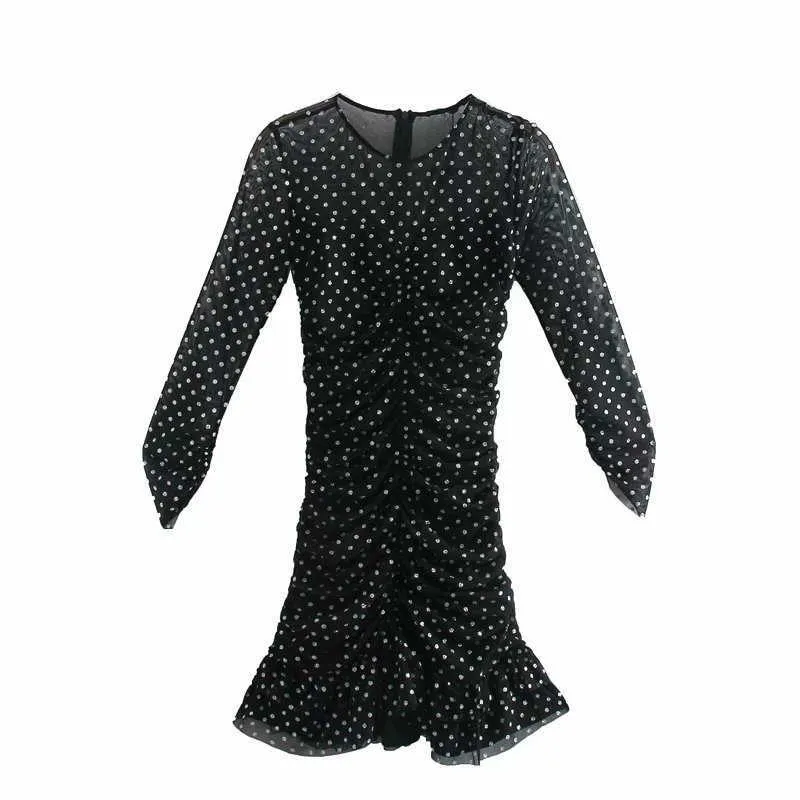 Za Tulle Dot Ruched Mini Czarna sukienka Kobiety Z Długim Rękawem Ruffle Hem Stretty Party Sukienki Kobieta Moda Powrót Zip Vestido 210602