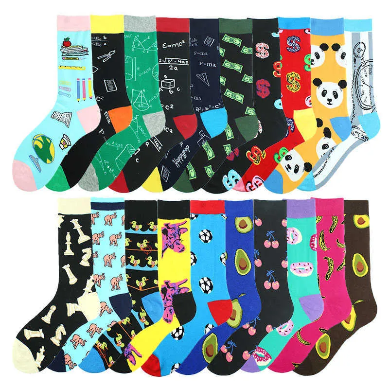 Men Big Size Funny Socks Avocado Donuts Cherry Banana Geometric Money Happy Design Sokken Skateboard Crew Calcetines Divertidos X0710