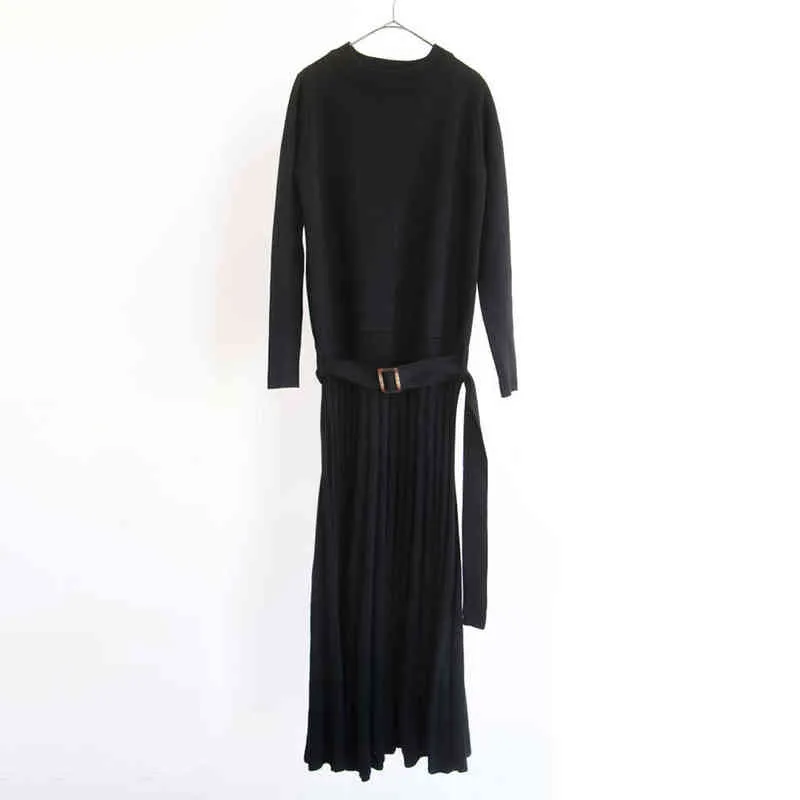 Winter Pleated Dress Long Sleeve Korean Japanese Style Women Elegant Knitted Pullover Maxi Sweater Dresses One-Piece With Belt G1214