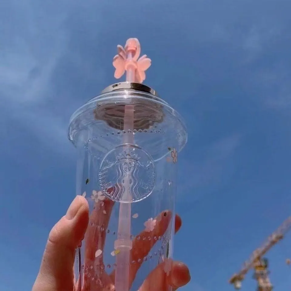 Tasse originale en verre de fleur de cerisier dégradé de tasse en édition limitée de grande capacité avec de la paille mignonne 473ML257U