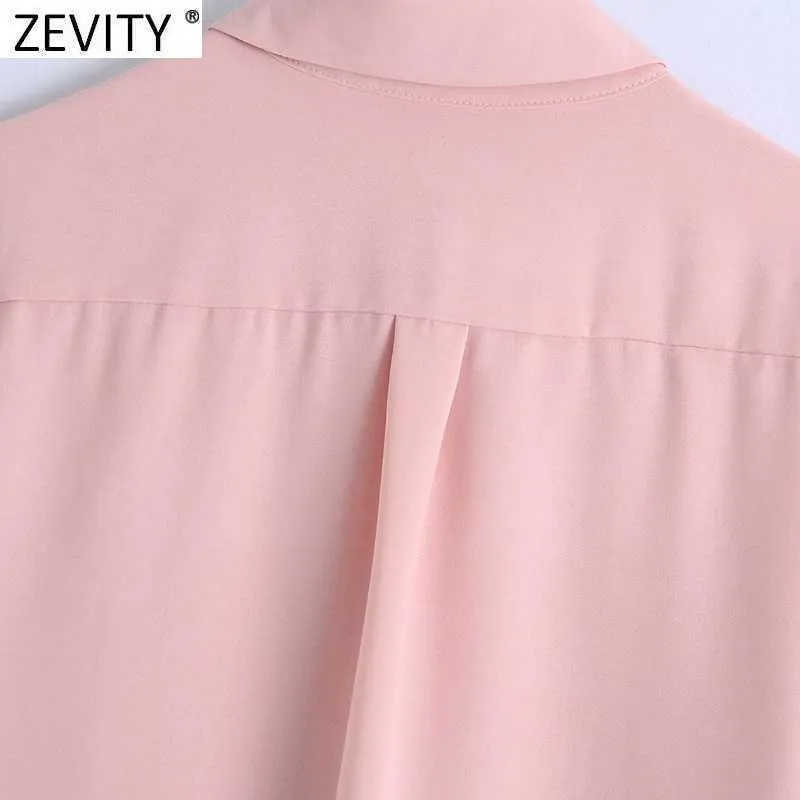Zevity Kobiety Vintage Podwójne Kieszenie Patch Casual Smock Bluzka Kobieta Z Długim Rękawem Pojedyncze Koszulki Koszulki Chic Koszulki LS9257 210603