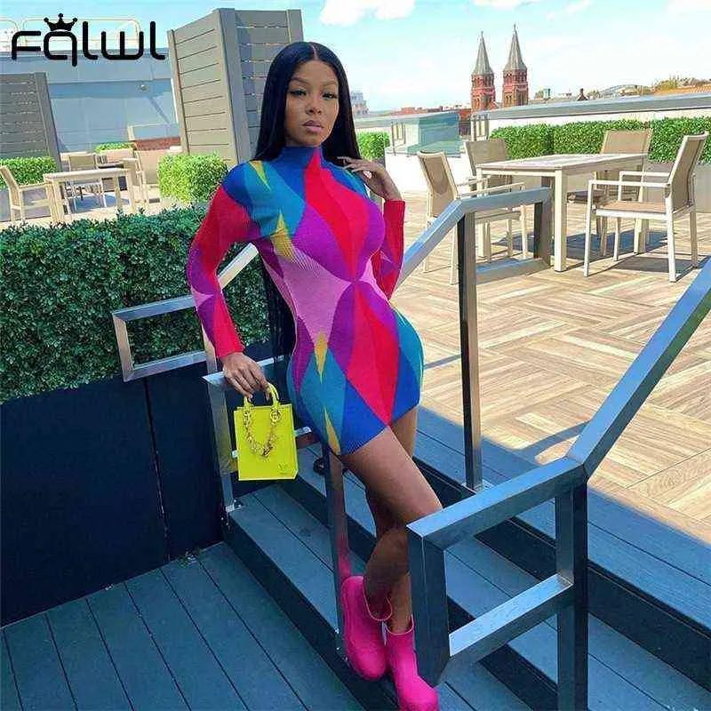 FQLWL Summer Sexy Bodycon Dresses For Women 2021 Long Sleeve Tie Dye Knitted Short Dress Patchwork Ladies Wrap Mini Party Dress G1215