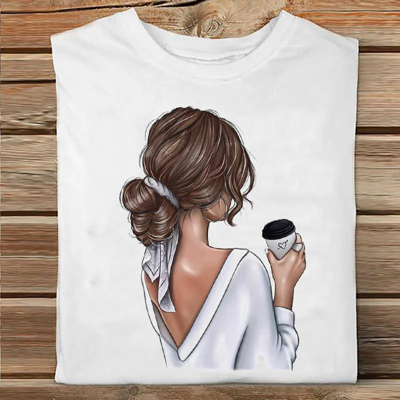 Femmes à manches courtes café temps tendance mignon dessin animé soeur amis vêtements imprimer T-shirt femme T-shirt haut dames graphique T-shirt X0628