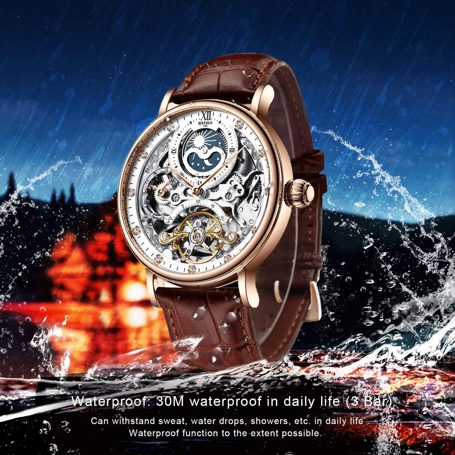 Mens Luxury Skeleton Automatic Mechanical Wrist Watches Leather Moon Frase Luminous Hands Self-Wind Wristwatch266a