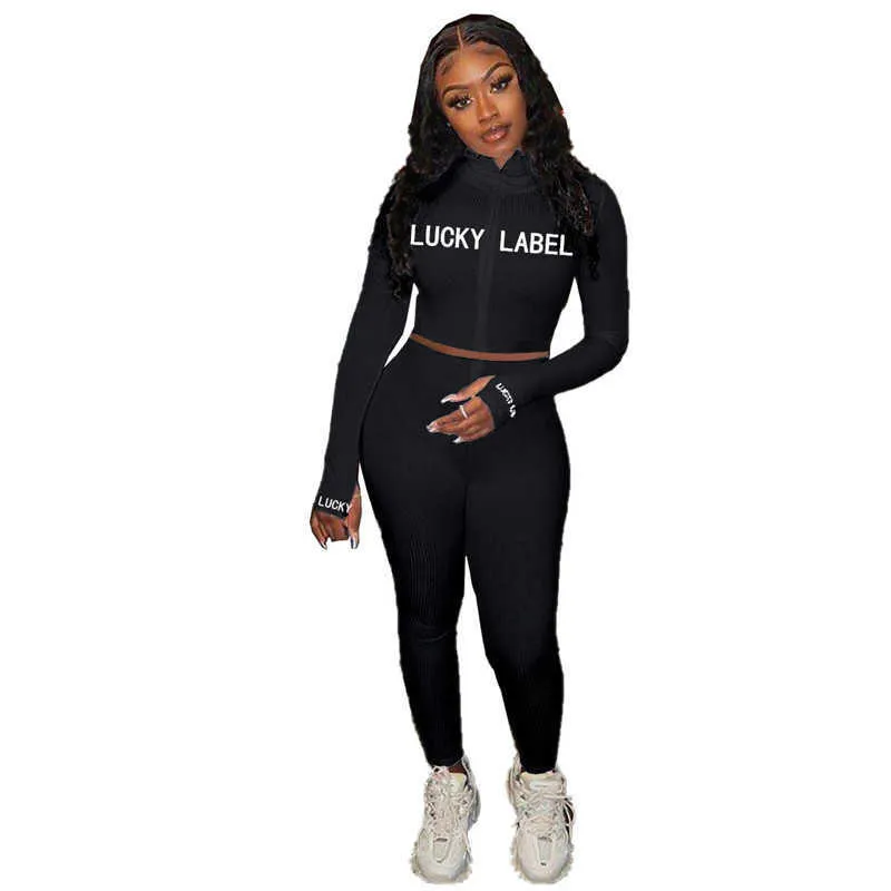 Lucky Label Set Women Fall Fitness Outfit TrackSuit Stretch Stickade Top Leggings Matching Set Girl Wholesale Dropshpping Q0801