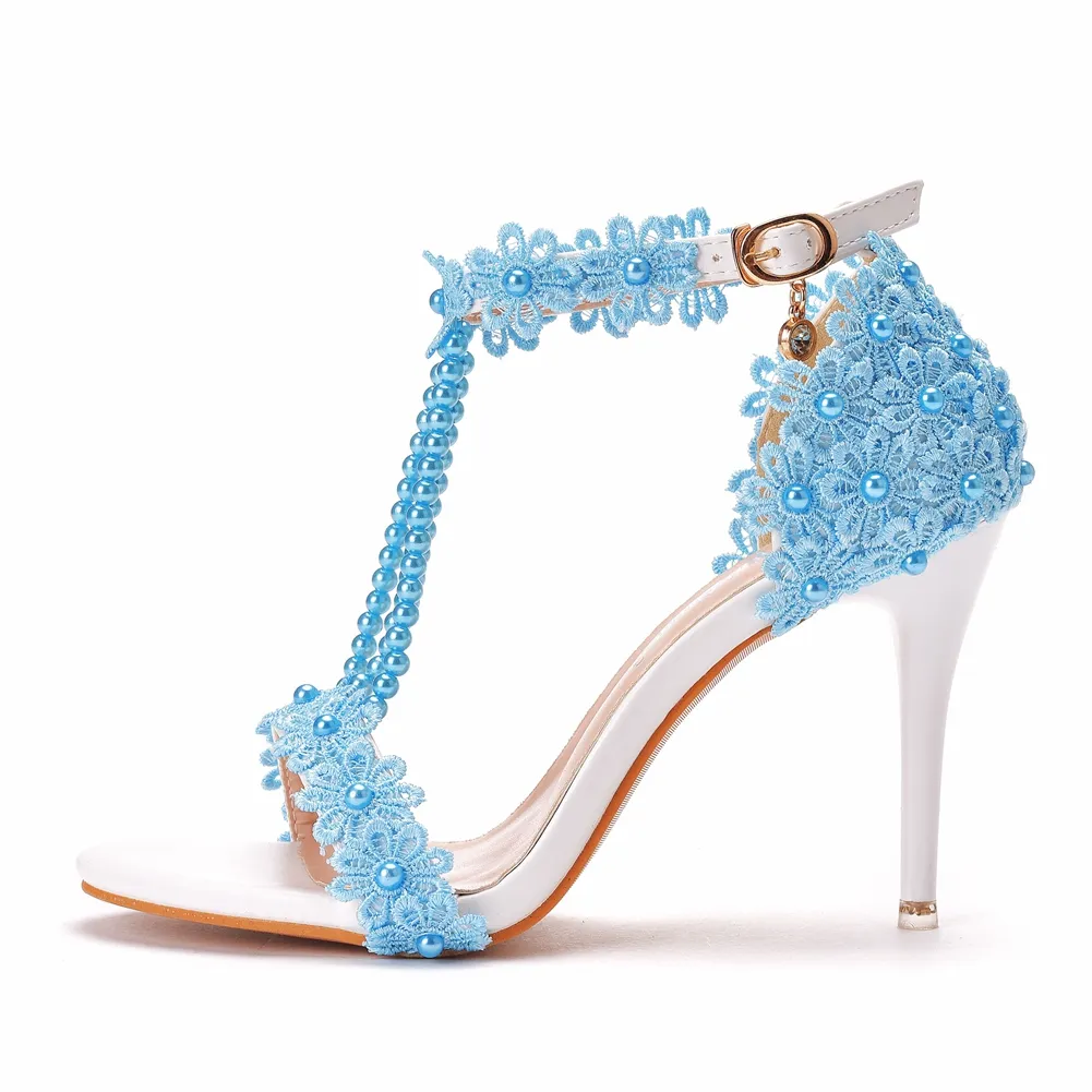 Women Sandals Sky Blue Lace Flowers Pearl Tassel Bridal 9cm Fine High Heels Slender Pumps Wedding Shoes