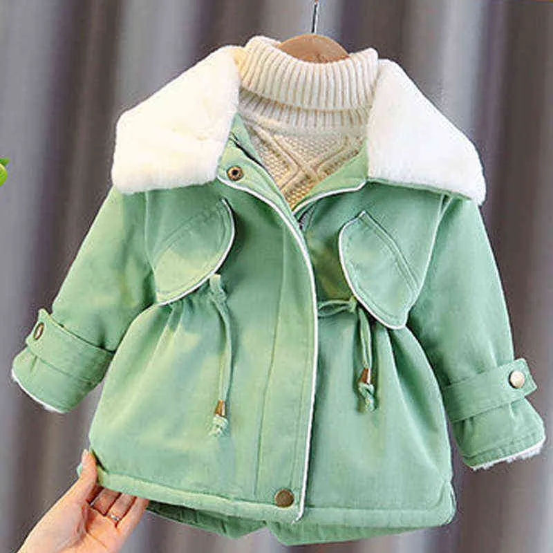 Winter Warme Kinder Mantel Taille Rückzug Plüsch Baumwolle Oberbekleidung Faux Pelz Kinder Kleidung Baby Jacke für Mädchen 211203