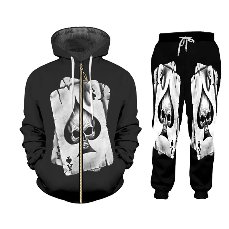 CJLM Erkekler 2 Parça Set Siyah Serin Baskı Kafatası Poker 3D Yelek Hombre Suit Terzük Jogger Punk Stil Fermuar Ceket Seti Hoodies 5xl 201210