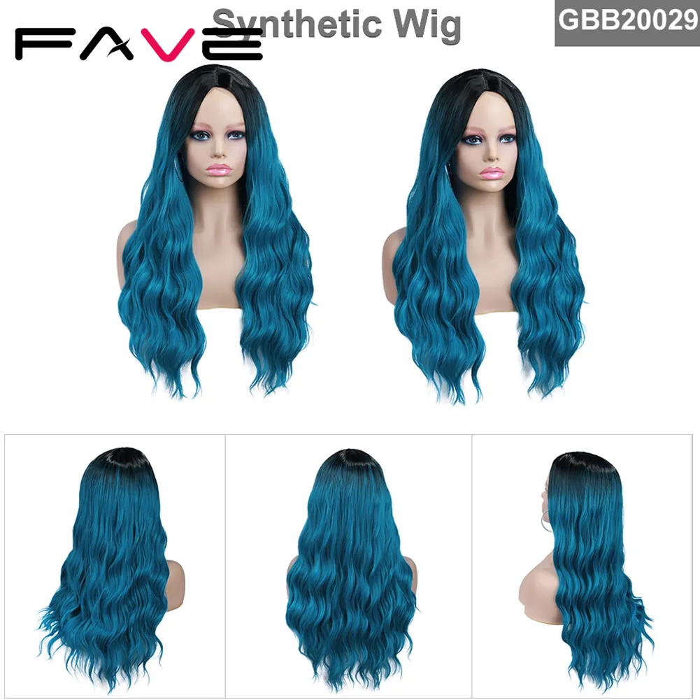Ombre svart blå blondin lång vågig naturlig våg peruk cosplay syntetiska hårvärmebeständig fiber peruk för svart vit kvinnlig direkt