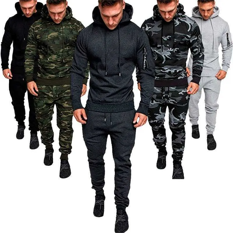 2 stycken Tracksuit män militär hoodie sätter kamouflage muskel man höst vinter taktisk svett topp och jacka byxor y0831