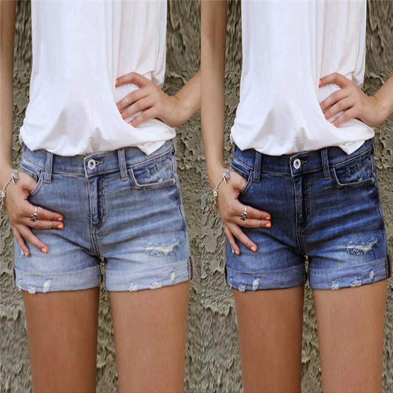 Vintage rasgado buraco franja azul jeans denim shorts mulheres botão casual bolso estilo curto 210719