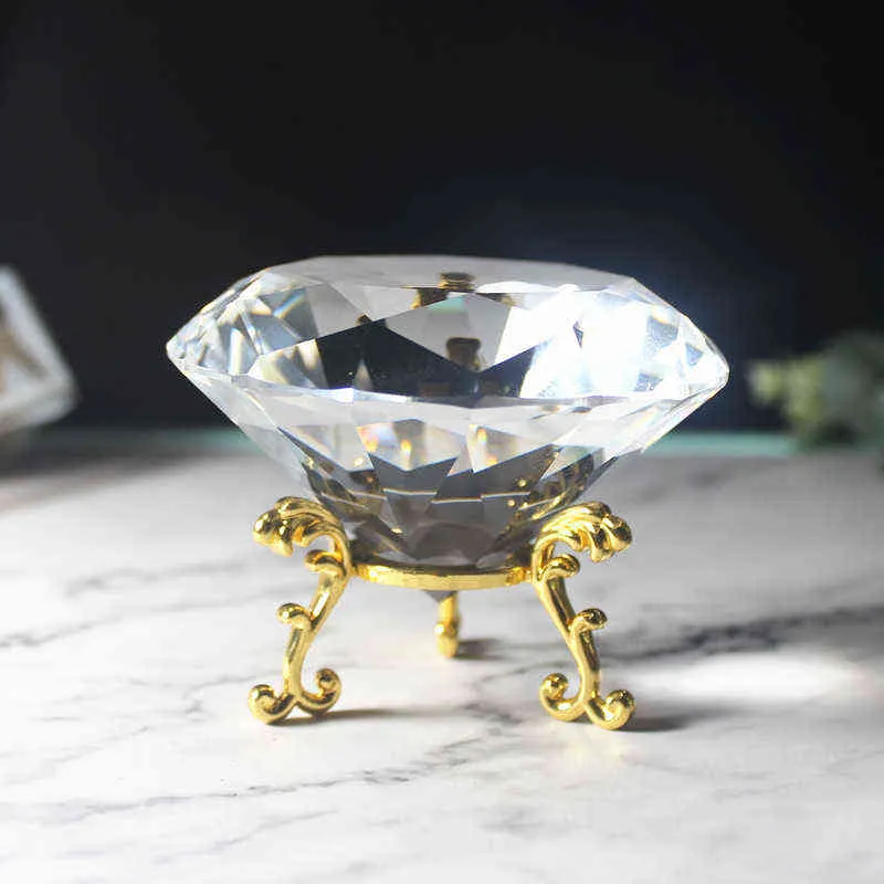 Tydlig kristall diamant med basform Paperweight Glass Gem Display Ornament Bröllop Hem Dekoration Konst hantverk Material Gift 211108