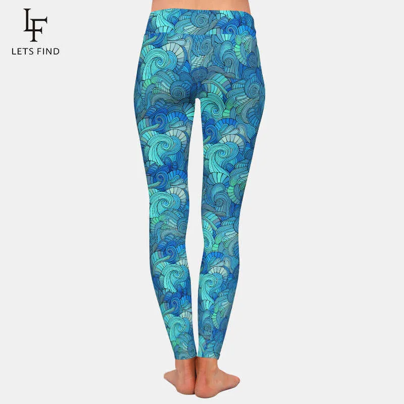 LETSFIND Super Soft Milk Silk Print Waves Style Women Plus Size Fitness Leggings High Waist Ccomfortable Elastic Full Pant 210925