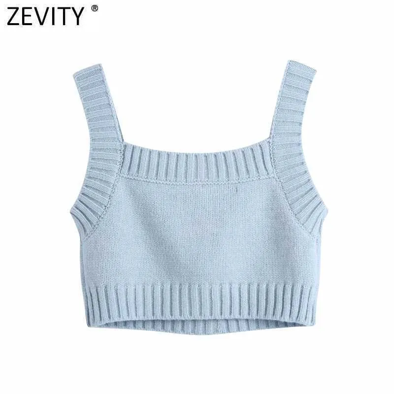 Zevity Womenファッションソリッドカラーダイヤモンド弓編みスリングセーター女性基本スパゲッティストラップショートベストシッククロップトップS655 210603