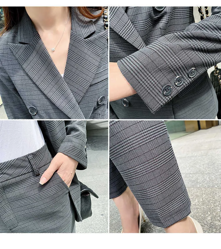 Pantalon de costume pour femmes professionnelles de haute qualité automne double boutonnage slim check femme bureau deux pièces 210527