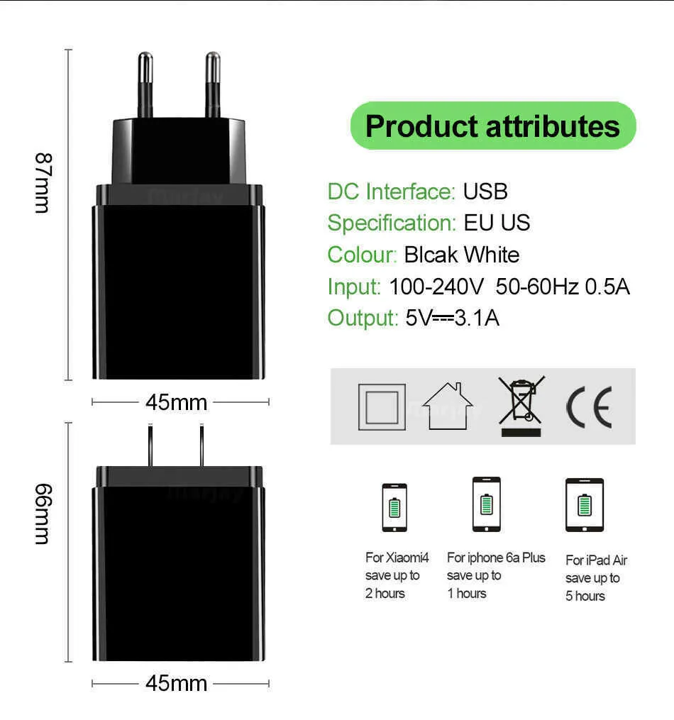 Voiture 5V 3.1A affichage chargeur USB pour iPhone chargeur 3 Ports charge rapide chargeur de téléphone mural pour iPhone Samsung Xiaomi adaptateur USB
