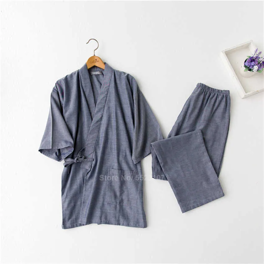 Traditional Kimono Sleepwear for Men Women Pure Cotton Loose Style Bathing Yukata Tops Trousers Pajamas Set Couple's Nightgown 210809