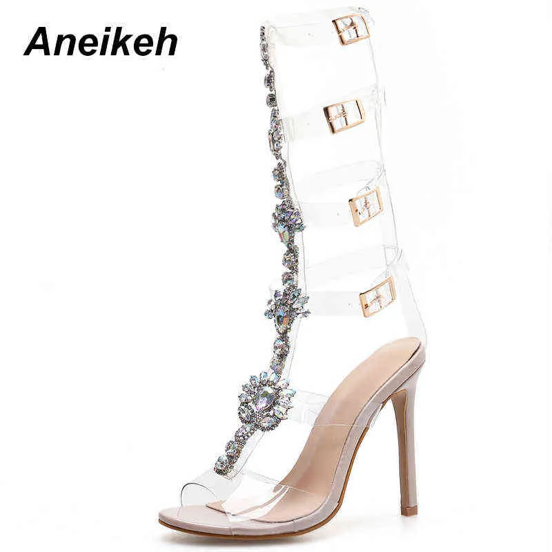 Sandales Aneikeh nouvelles chaussures taille 41 42 sexy gladiateur genou haute boucle transparente mode cristal fleur talon femmes sandale 220121